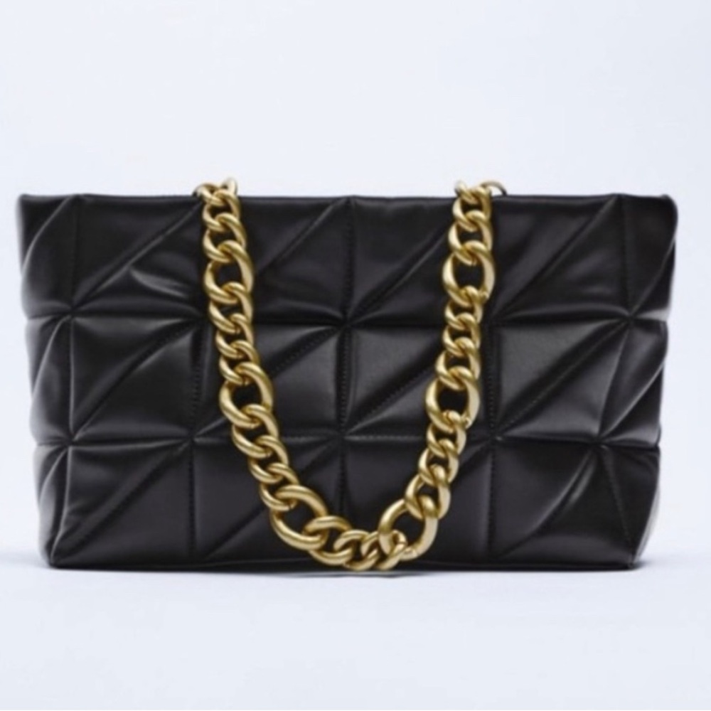 Zara Elegant Gold Chain Strap Black Quilted Bag - Picture 3 of 12